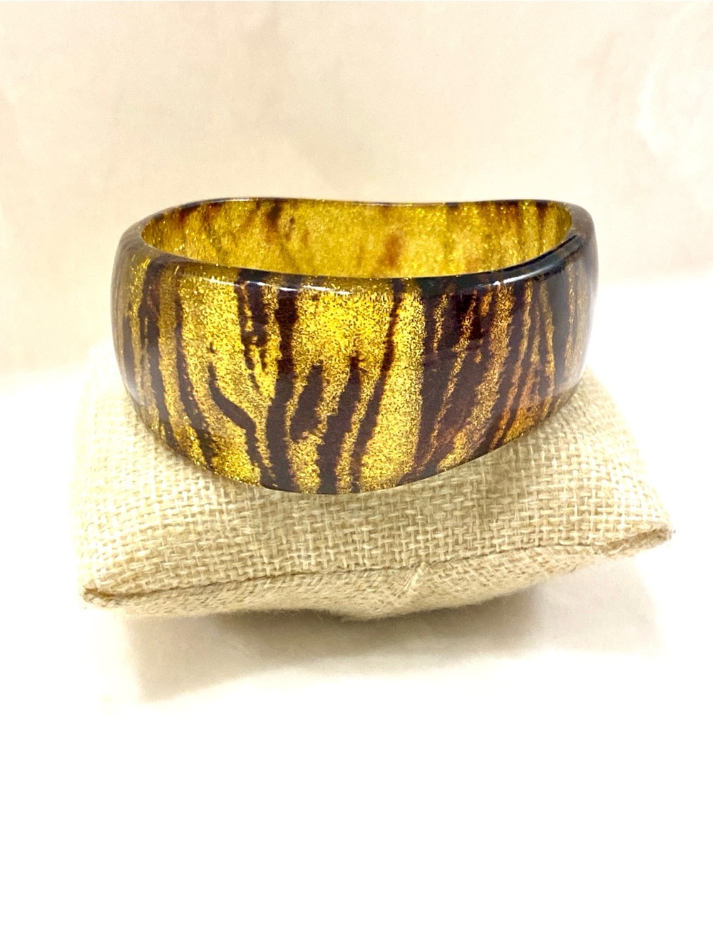 Vintage Chunky Lucite Tiger Stripe Bangle Bracelet Gold Glitter Animal Print 
